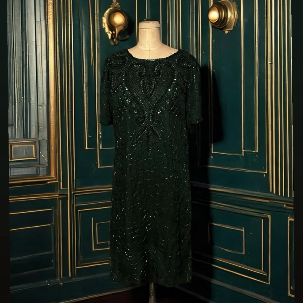 Emerald Green Vintage sequin beaded dress